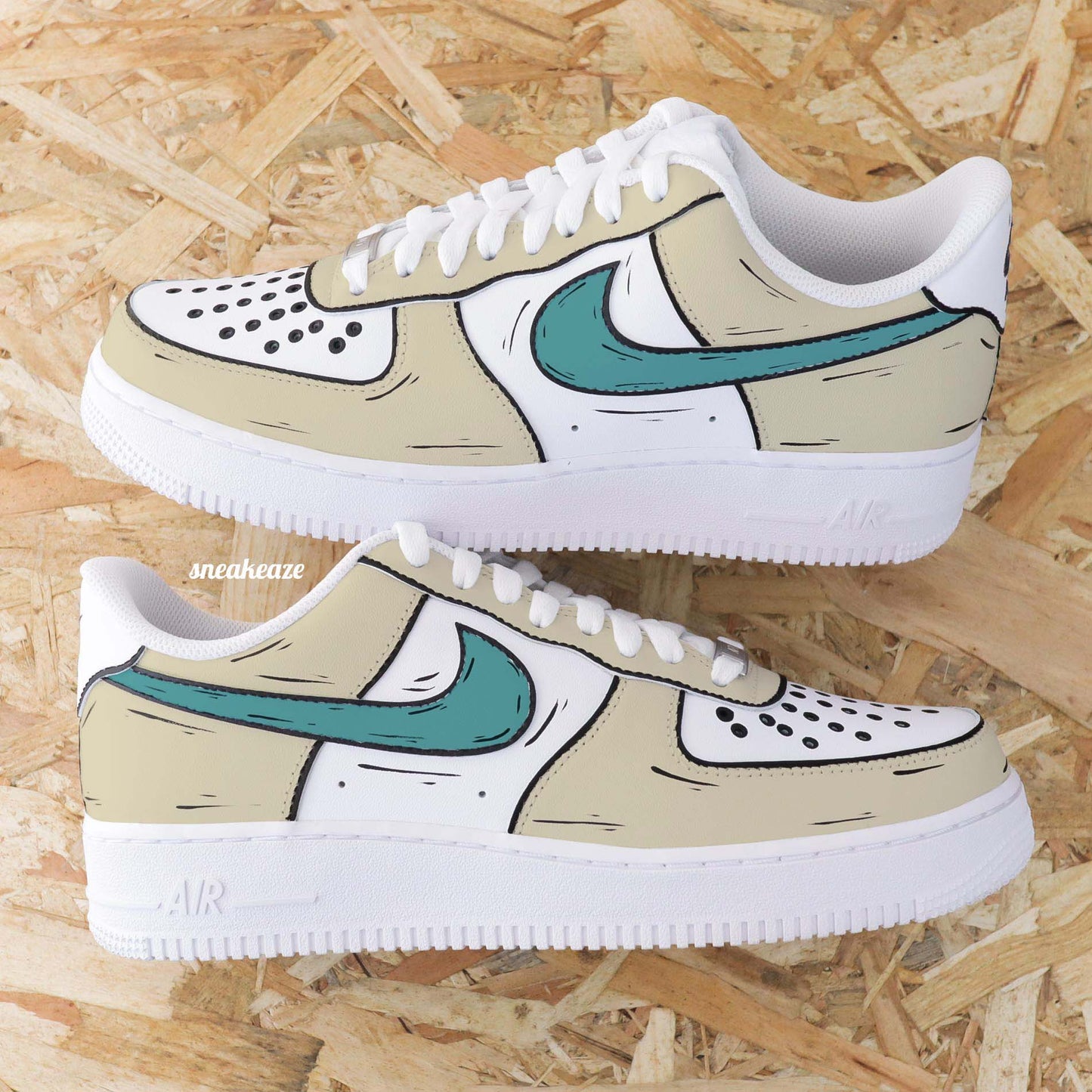 Nike air force 1 custom cartoon sketch - sneakers personnalisées à la main style bande dessinée BD couleur beige et vert foncé chaussures fille et garçon sneakeaze custom