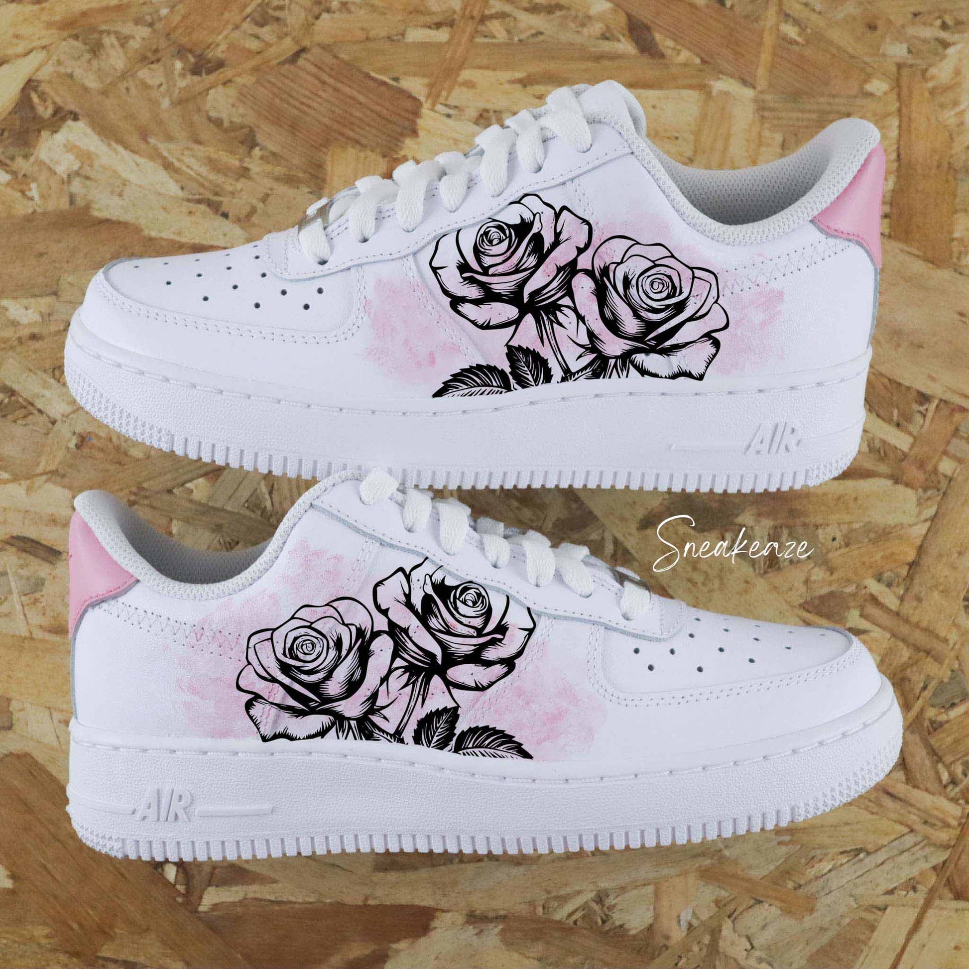Baskets nike air force 1 custom bouquet de rose couleur rose pastel peinture aquarelle baby pink - sneakeaze customs skz