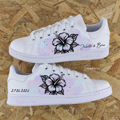 baskets Adidas stan smith custom mariage hibiscus et aquarelle pastel - inscription date du mariage et prénoms