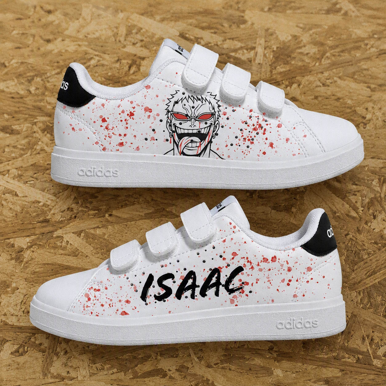 Paire de sneakers personnalisées enfant One Piece avec illustration de Doflamingo fait main