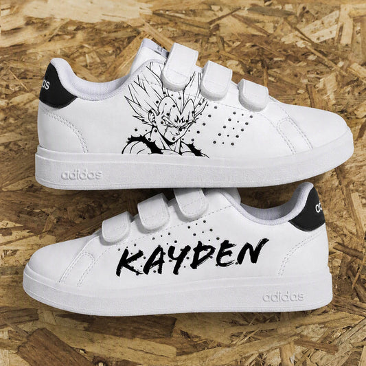 Paire de sneakers personnalisées enfant Dragon Ball Z avec illustration de Vegeta fait main