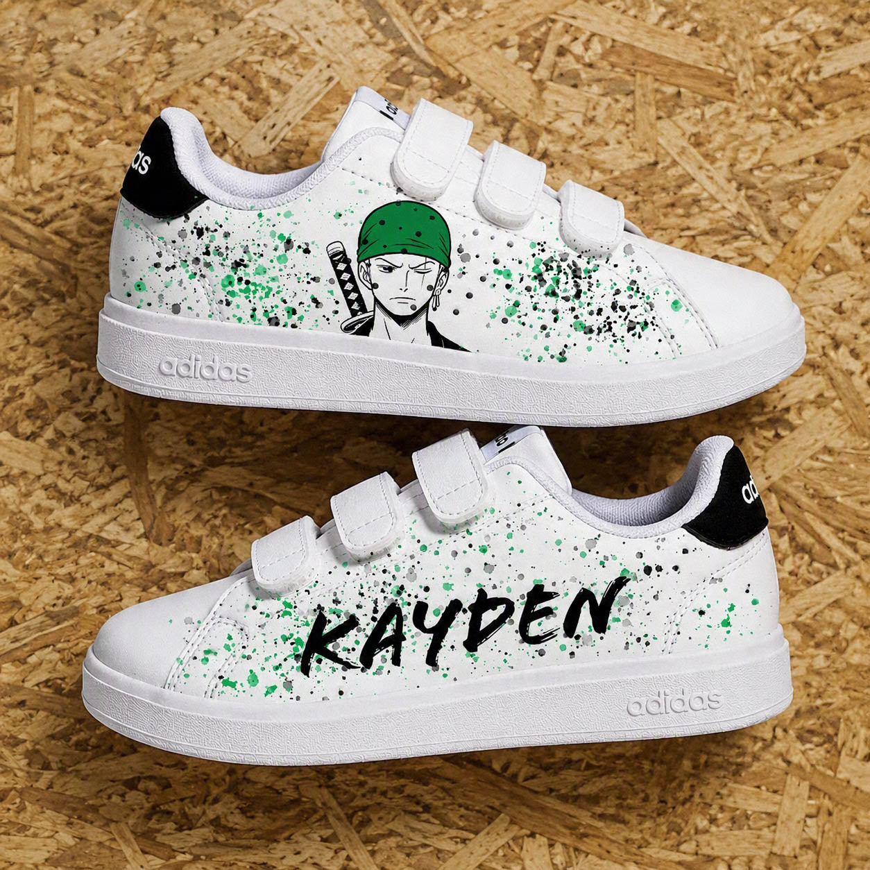 Adidas advantage custom enfant Roronoa Zoro avec éclaboussures vertes et prénom personnalisé - Sneakeaze