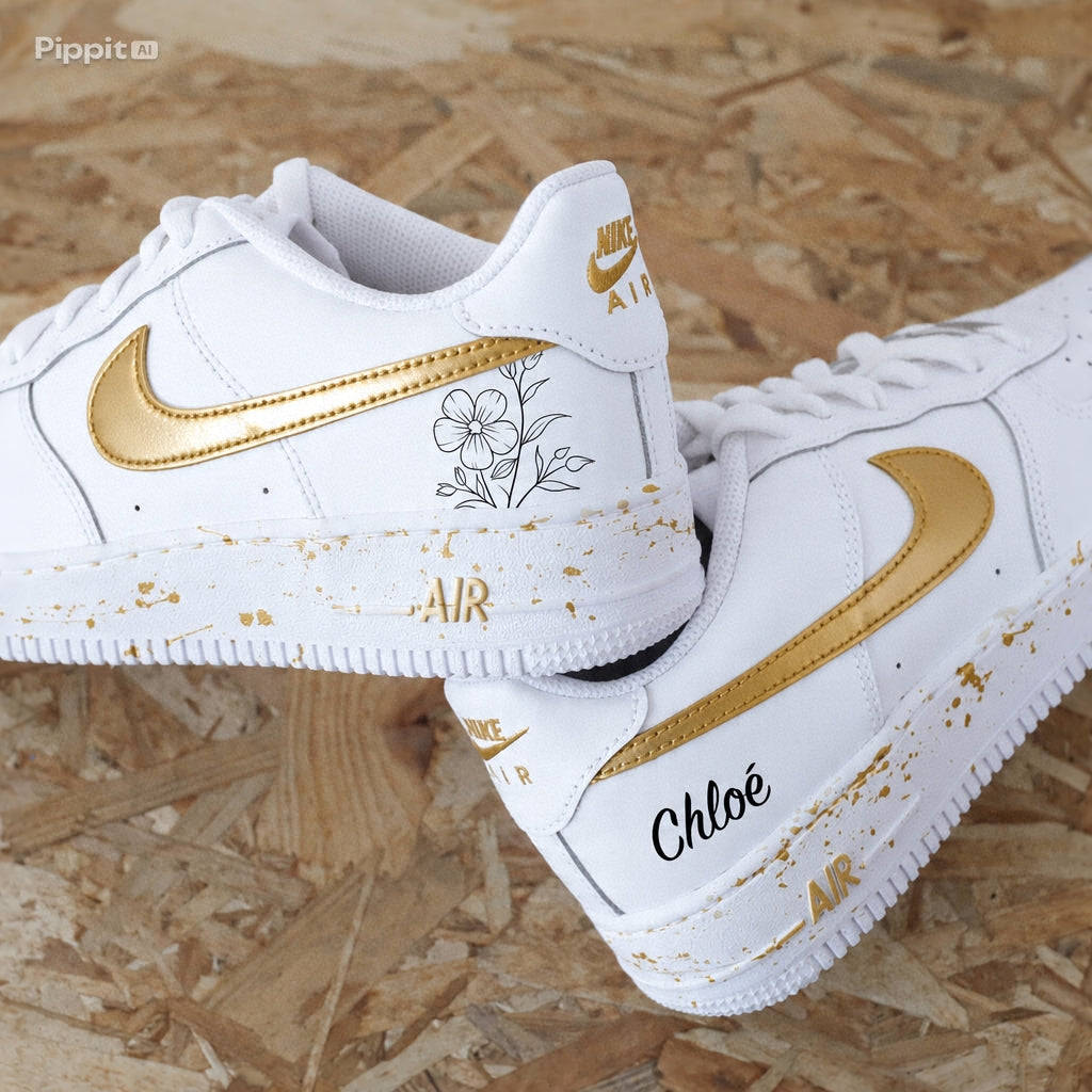 Air force 1 custom dorée avec motif floral et prénom personnalisé - Sneakeaze
