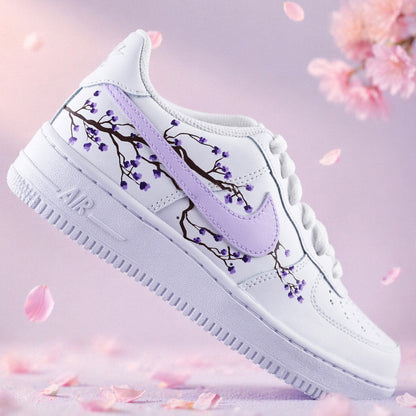 baskets nike air force 1 custom sakura cherry blossom couleur lila peint à la main fleur de cerisier japonais sneakers af1 sneakeaze