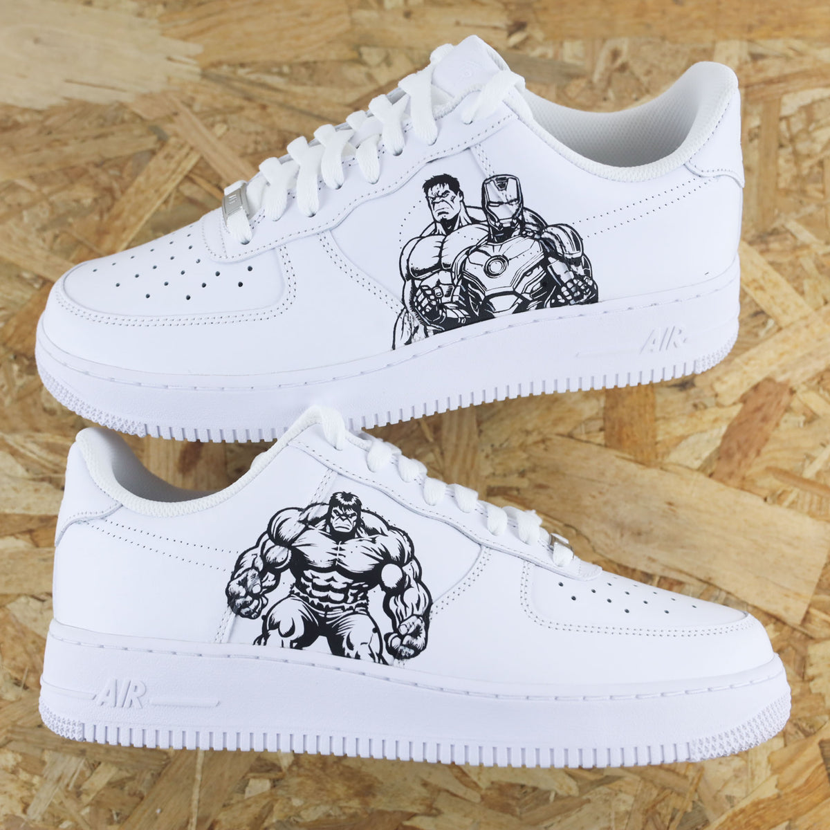 Baskets Nike Air force 1 custom dessin peint Hulk et Ironman des avengers 