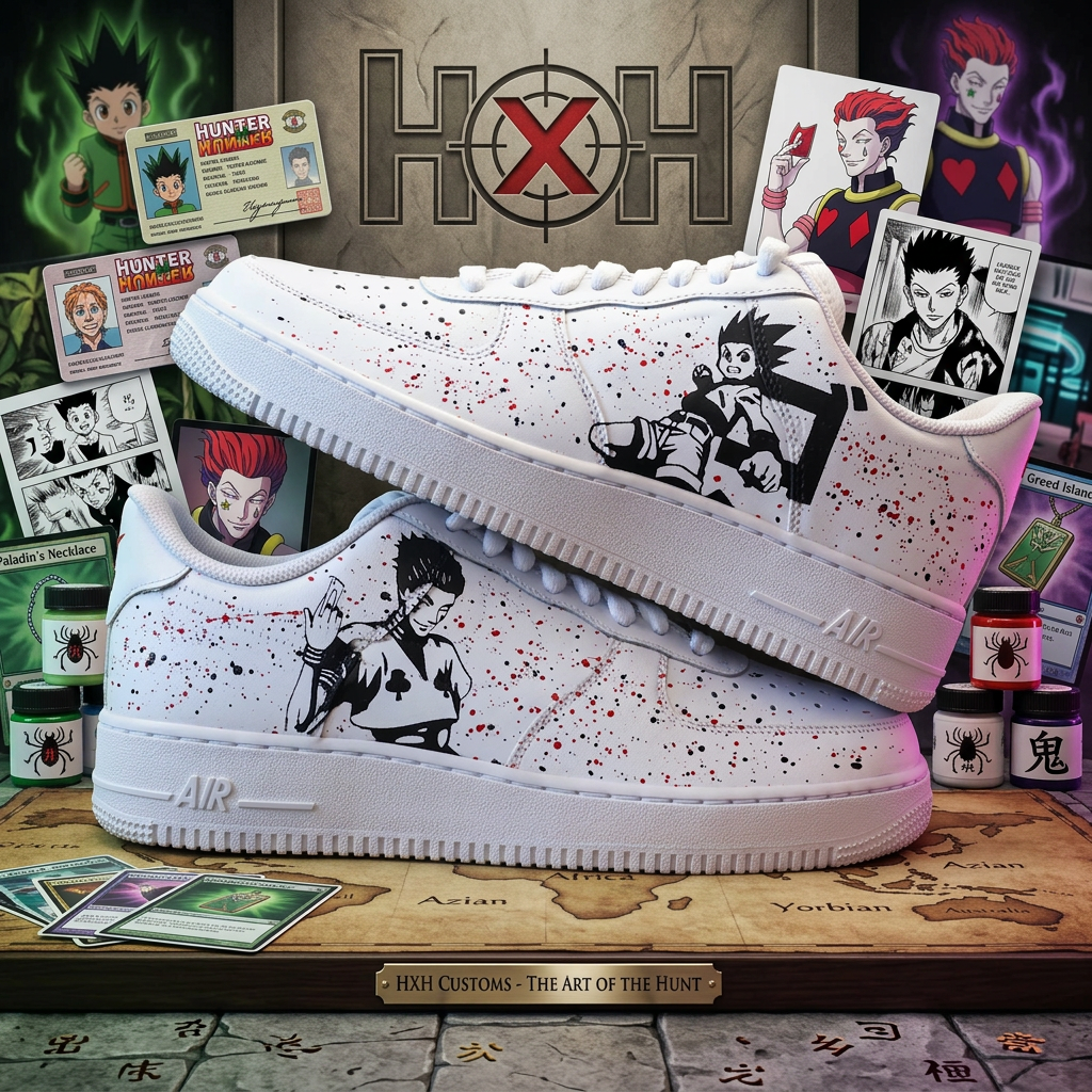 Baskets nike air force 1 personnalisées manga - AF1 custom hunter x hunter hisoka gon freecss peint à la main culture japonais anime sneakeaze custom skz