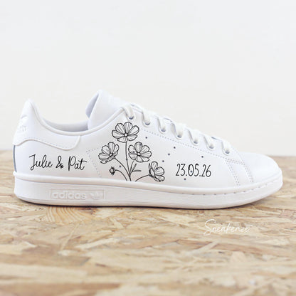 Baskets Adidas stan smith custom mariage "fleurs" avec inscription des prénoms des mariés et la date 