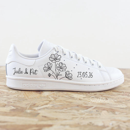 Baskets Adidas stan smith custom mariage "fleurs" avec inscription des prénoms des mariés et la date 