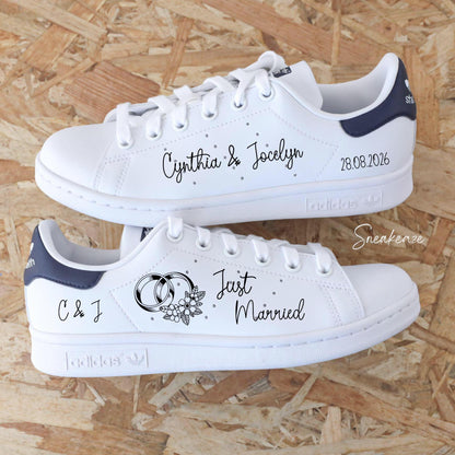 Stan smith mariage avec alliances fleuries, inscription just married et prénoms personnalisés - Sneakeaze