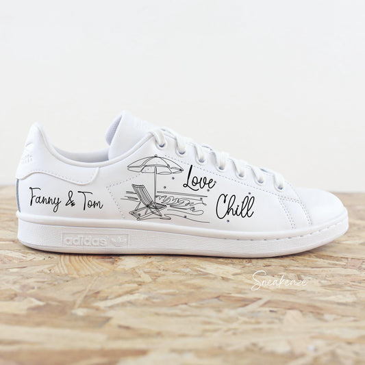 Baskets Adidas stan smith custom mariage "love &amp; chill" avec inscription des prénoms des mariés 