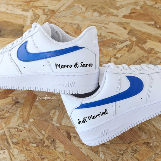 baskets Nike Air Force 1 custom mariage - inscription des prénoms des futurs mariés et "just married". chaussures de mariage personnalisées sneakeaze custom skz