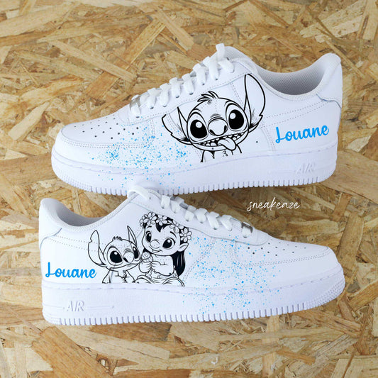 Baskets nike air force 1 custom peint à la main disney lilo et stitch splash bleu  sneakeaze custom skz