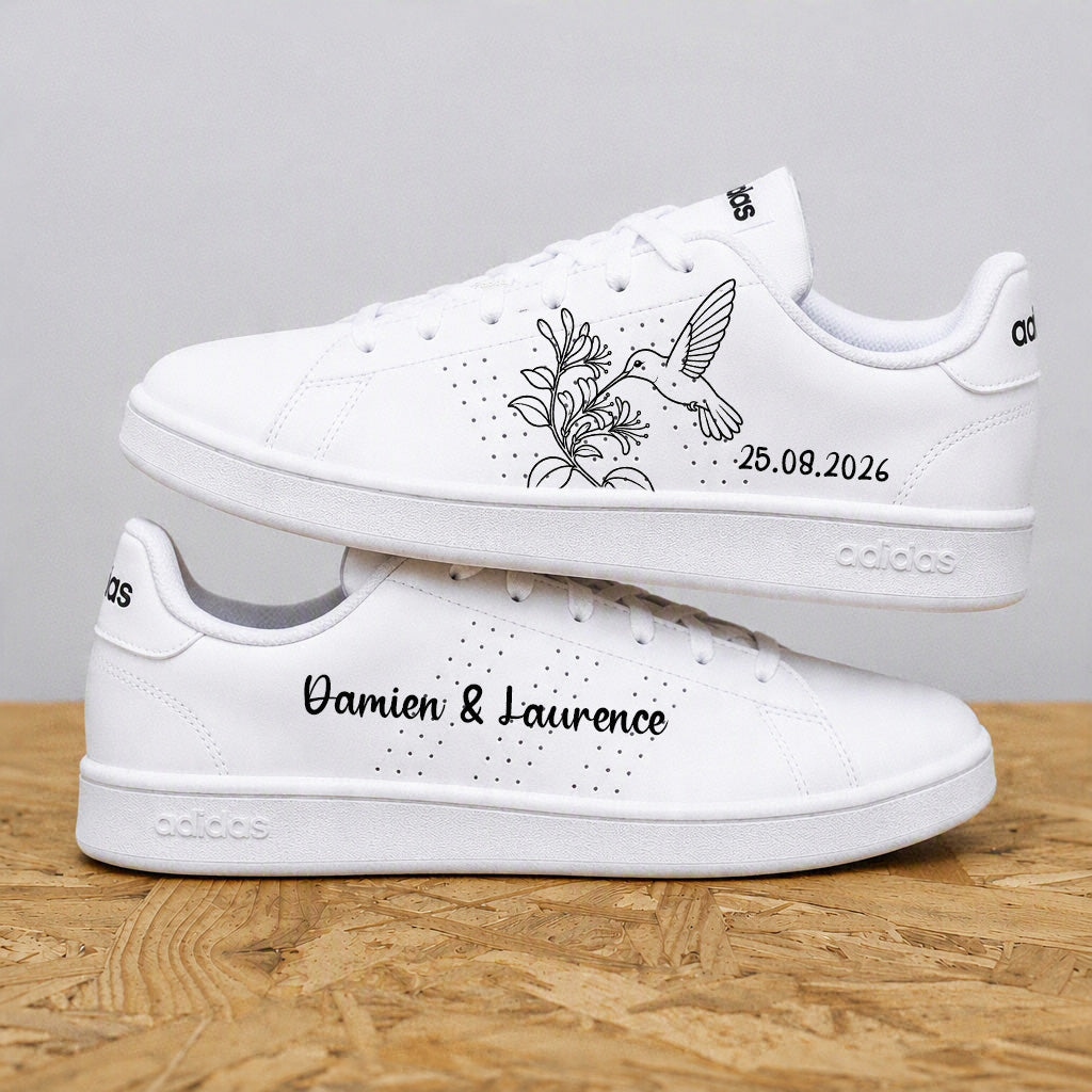 Baskets mariage personnalisées Adidas blanches design bohème par Sneakeaze Customs