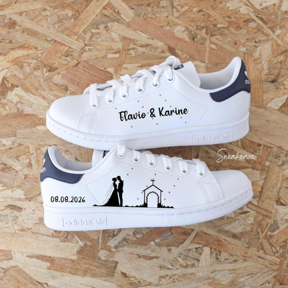 Baskets de mariage sur authentique Adidas Stan Smith design église et mariés par Sneakeaze Customs