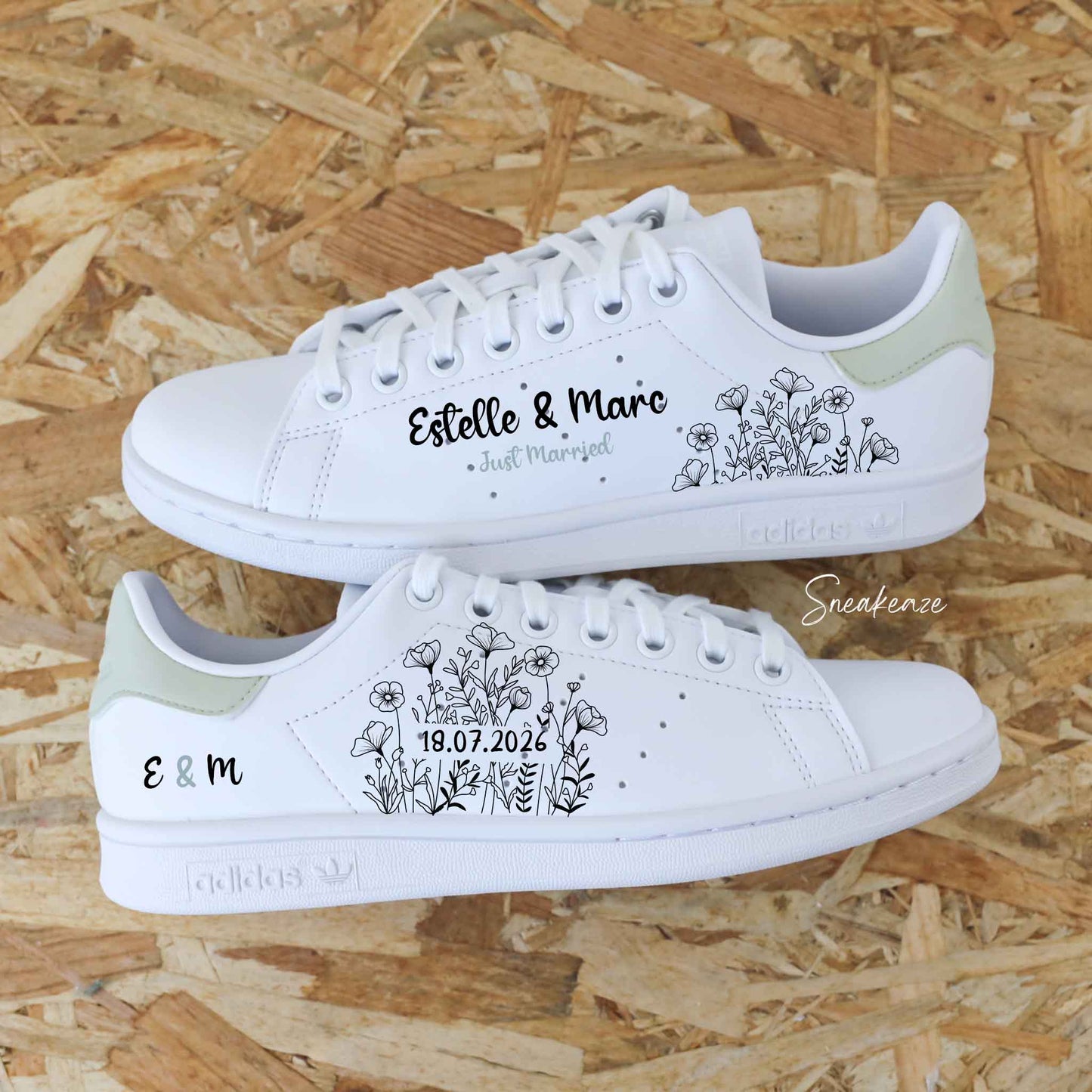 Stan Smith mariage personnalisées avec prénoms et date baskets mariage bohème chic sneakers champêtre femme