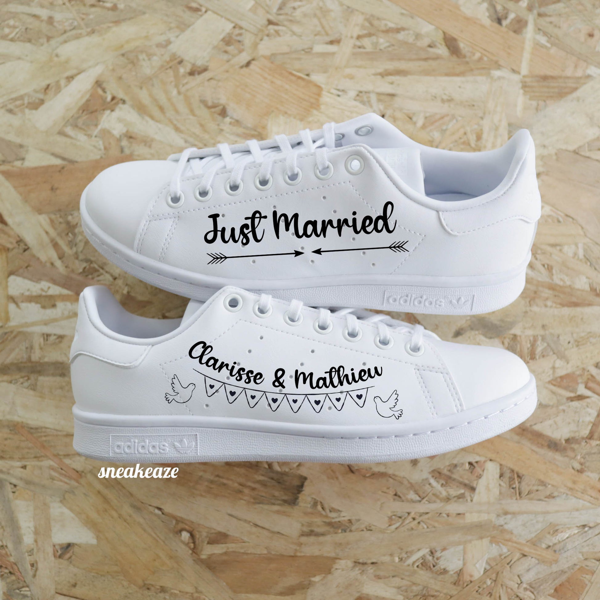baskets adidas stan smith mariage - personnalisation des prénoms des mariés just married - sneakeaze customs skz