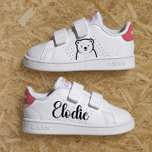 Adidas advantage custom bébé ours avec illustration d'ourson et prénom personnalisé - Sneakeaze