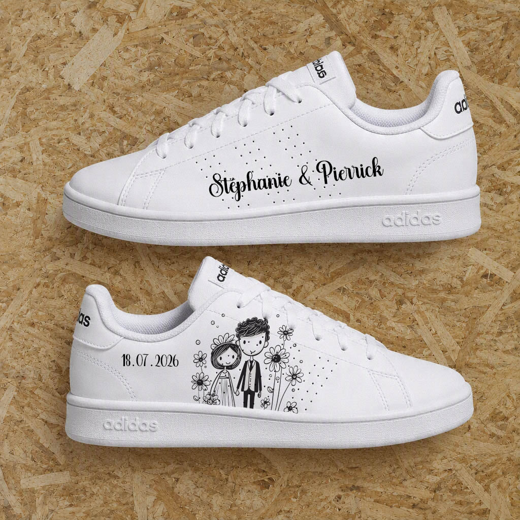 Adidas advantage custom mariage avec illustration de jeunes mariés et fleurs, prénoms et date personnalisée - Sneakeaze