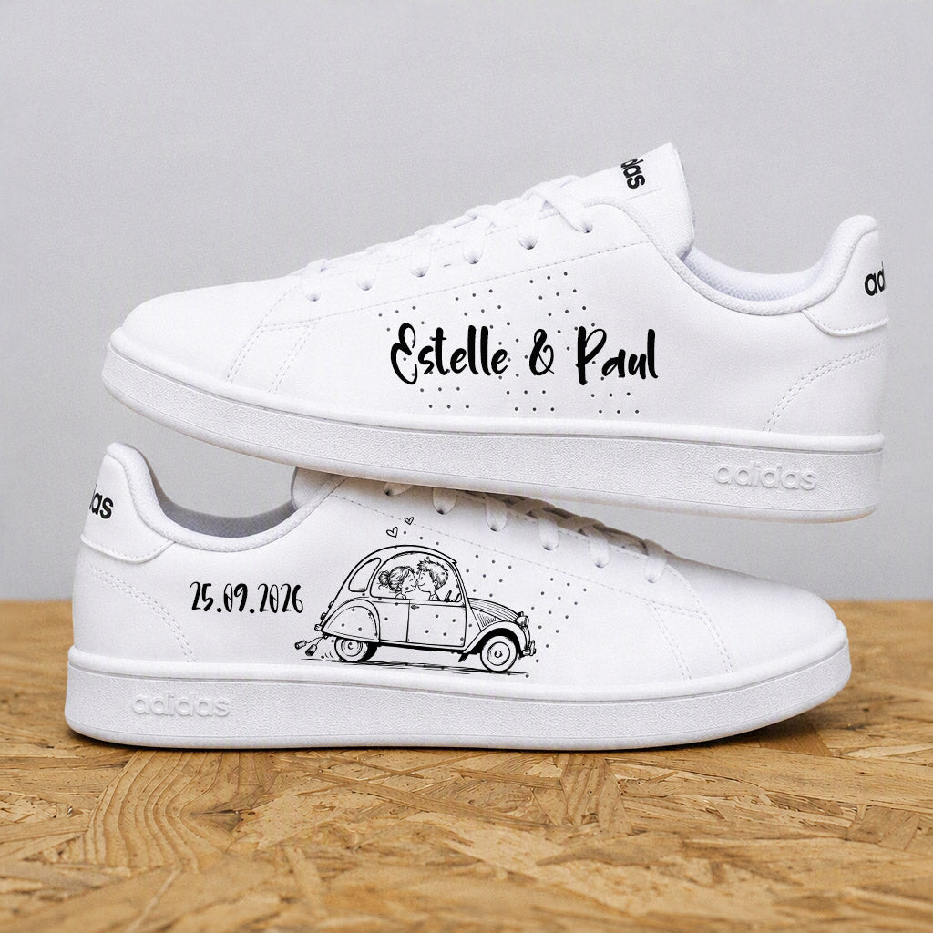baskets mariage personnalisées Adidas avec prénoms et 2CV