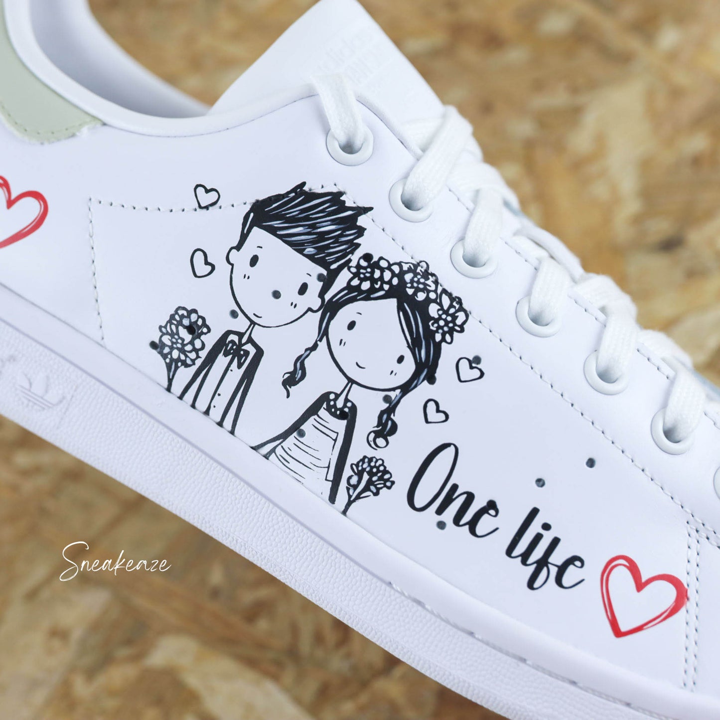 baskets Adidas stan smith custom mariage one love one life - inscription prénoms et date du mariage