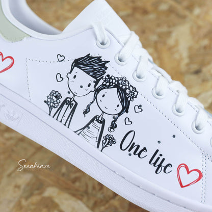 baskets Adidas stan smith custom mariage one love one life - inscription prénoms et date du mariage