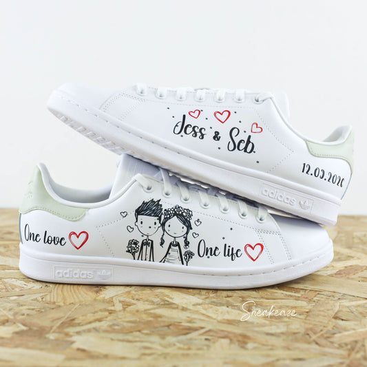 baskets Adidas stan smith custom mariage one love one life - inscription prénoms et date du mariage