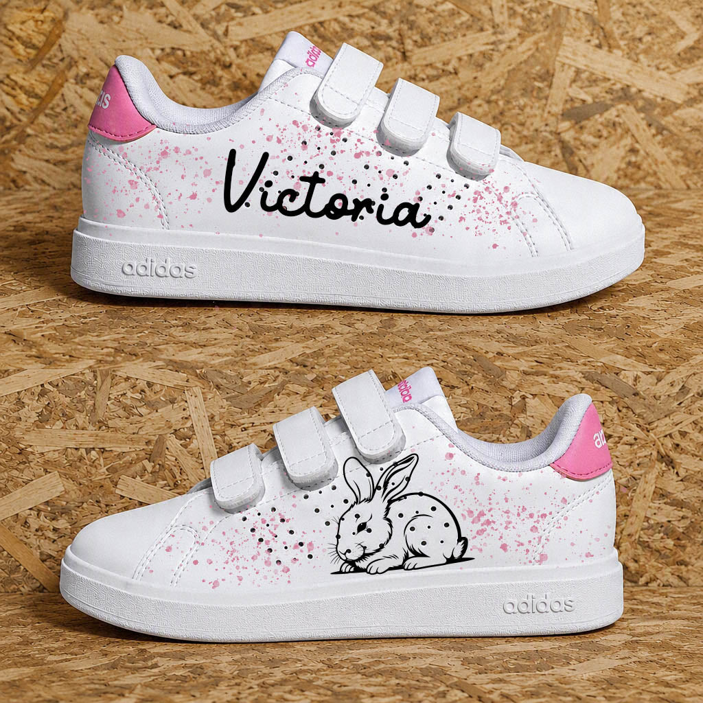 Adidas advantage custom enfant fille lapin avec éclaboussures roses, prénom personnalisé et design adorable - Sneakeaze