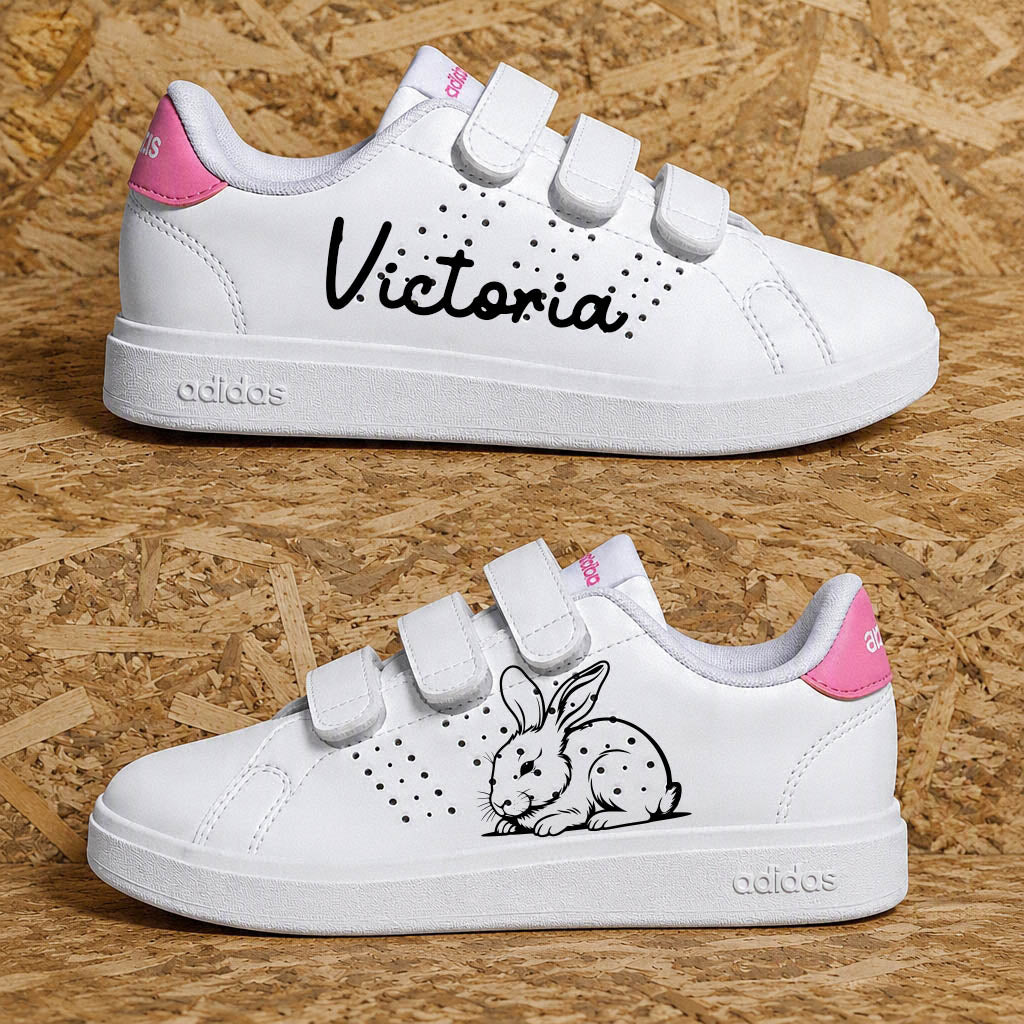 Adidas advantage custom enfant fille lapin avec éclaboussures roses, prénom personnalisé et design adorable - Sneakeaze