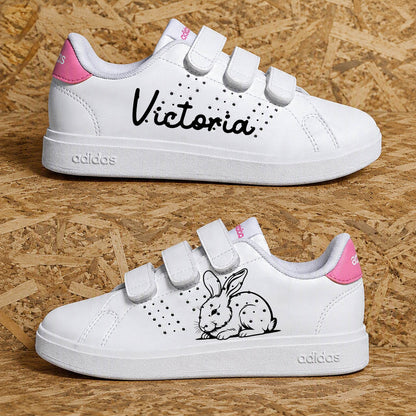 Adidas advantage custom enfant fille lapin avec éclaboussures roses, prénom personnalisé et design adorable - Sneakeaze