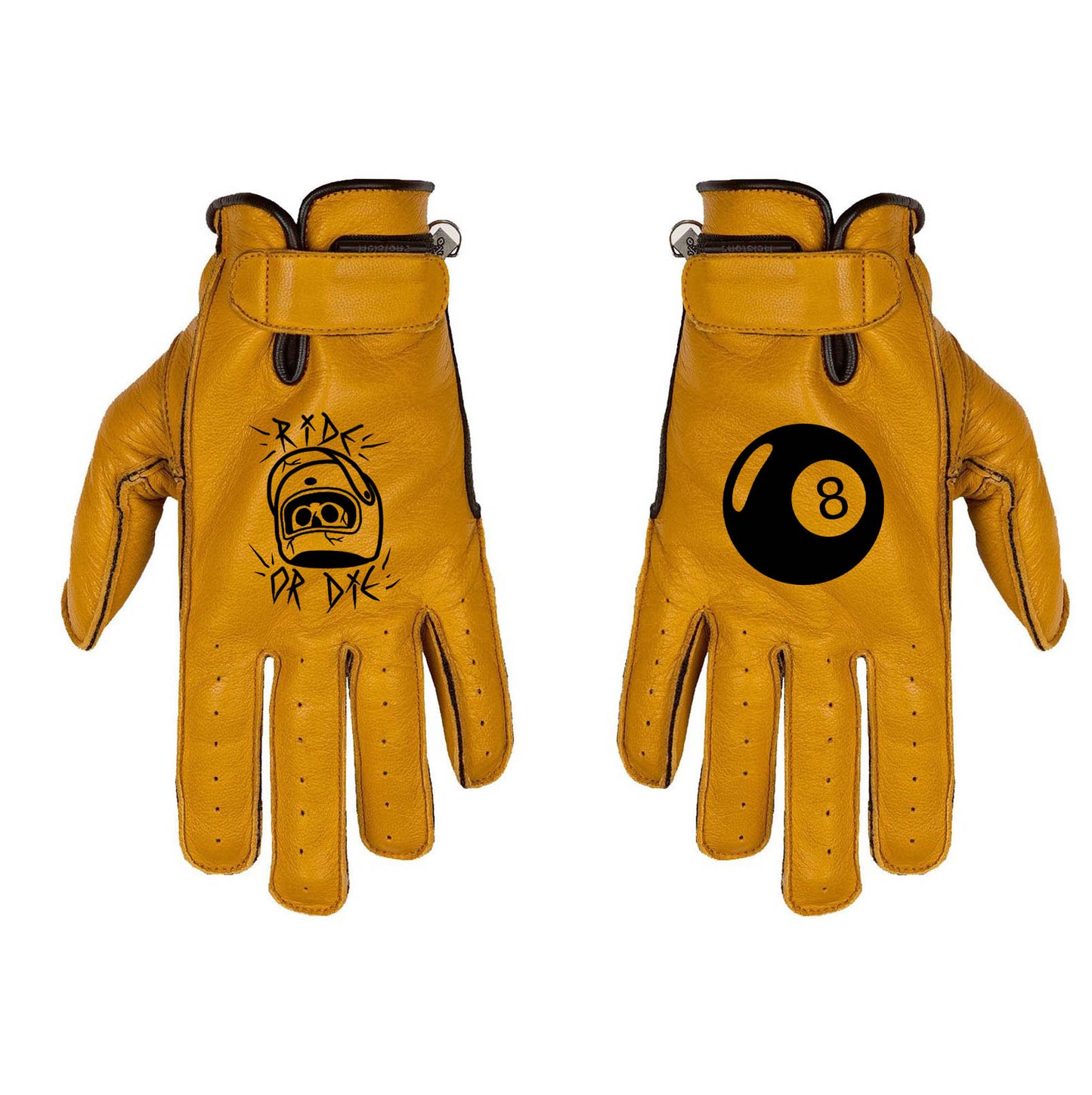 gants moto cuir jaune ride or die 8 ball style garage rider