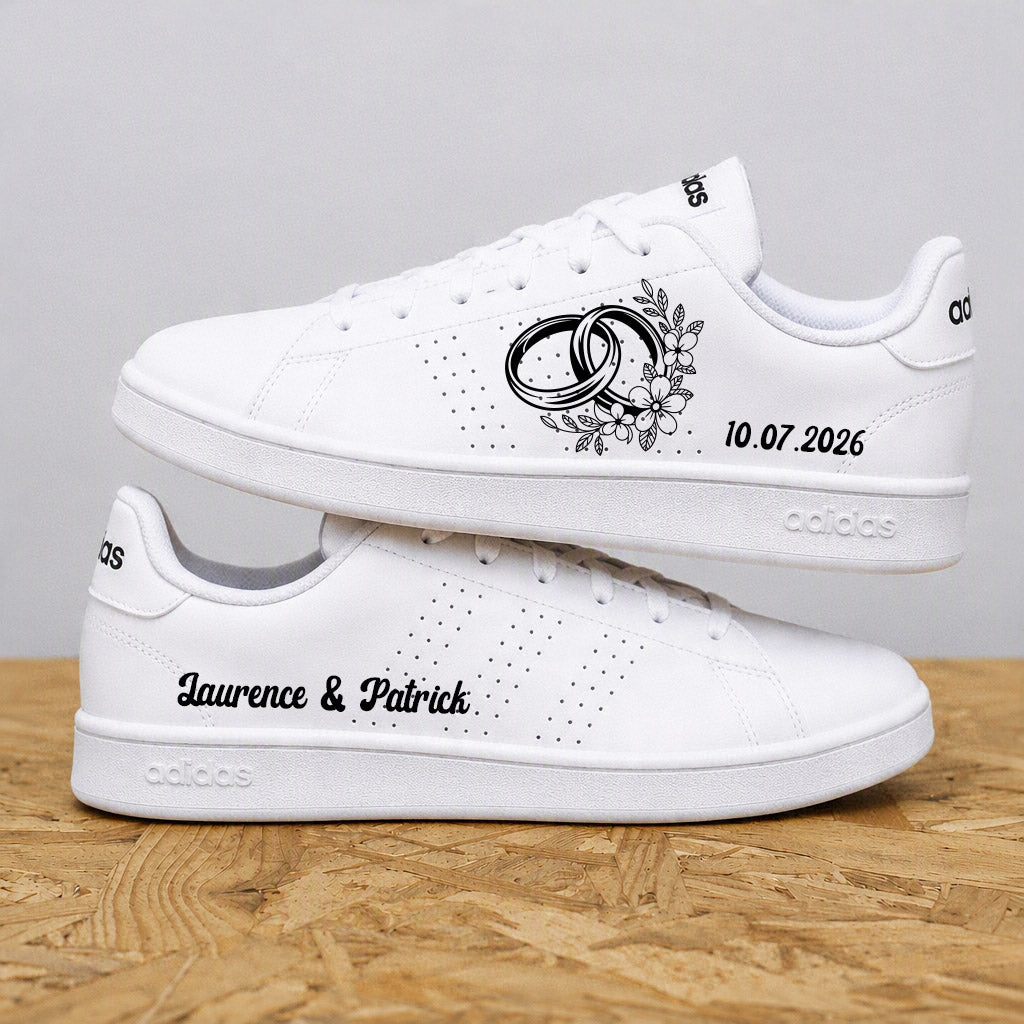 Adidas advantage custom mariage avec motif d'alliances florales, prénoms et date personnalisée - Sneakeaze