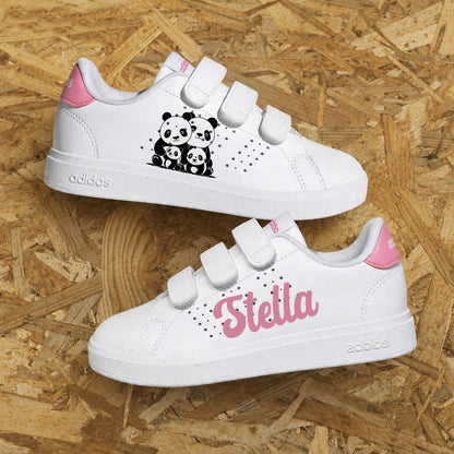 Adidas advantage custom enfant fille famille pandas avec éclaboussures, prénom personnalisé et design mignon cute - Sneakeaze