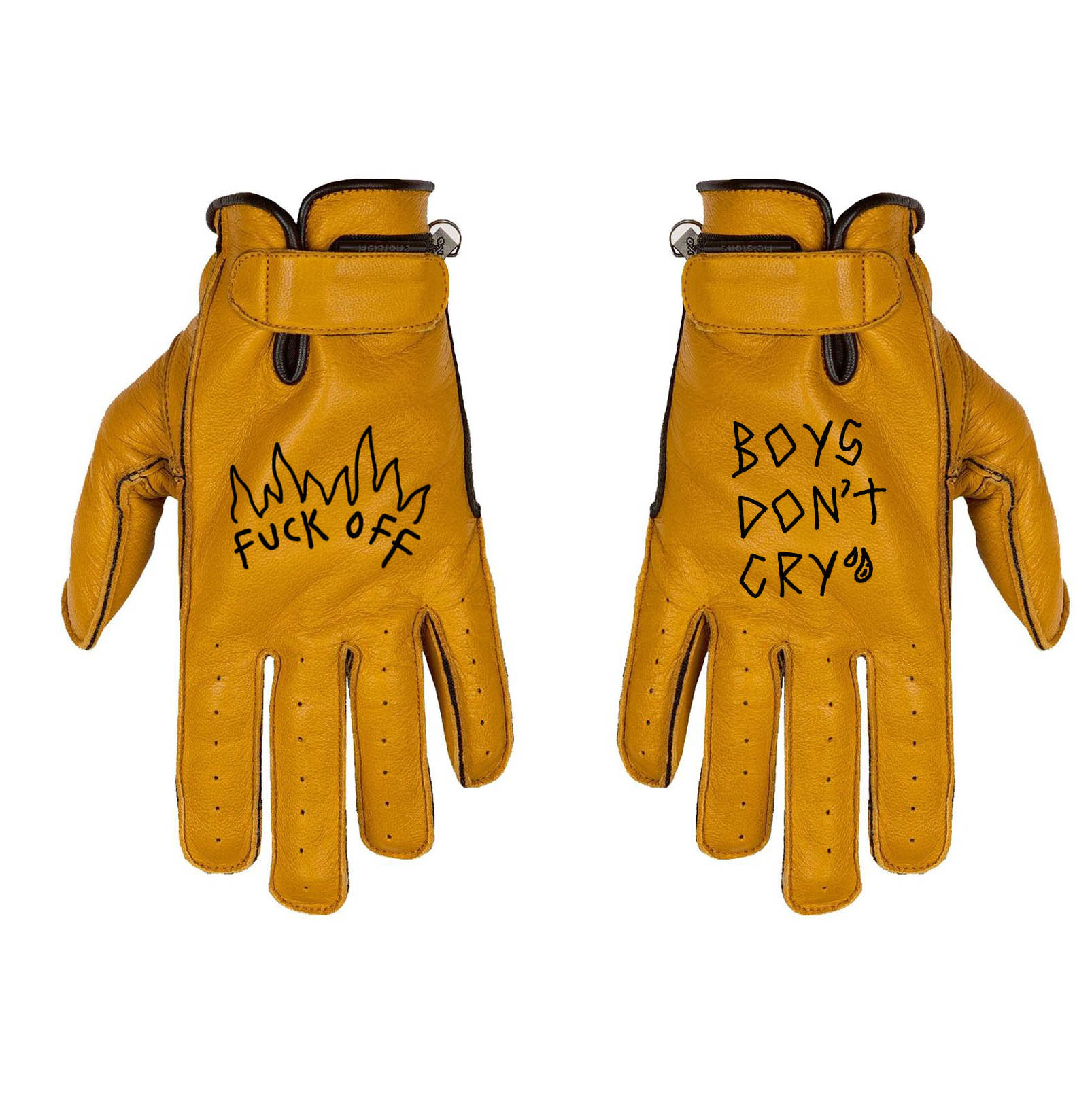 Gants custom vintage en cuir camel beige avec design Boys Dont Cry style cafe racer scrambler