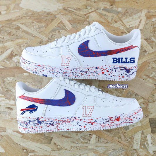Baskets Nike Air Force 1 custom splash dégradé rouge et bleu au couleur de l'équipe américaine de football américain les Buffalo Bills sneakeaze customs
