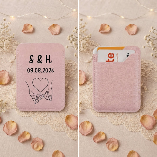 Porte-carte en simili cuir blanc personnalisé avec initiales et alliances, idéal comme cadeau d'invité de mariage original