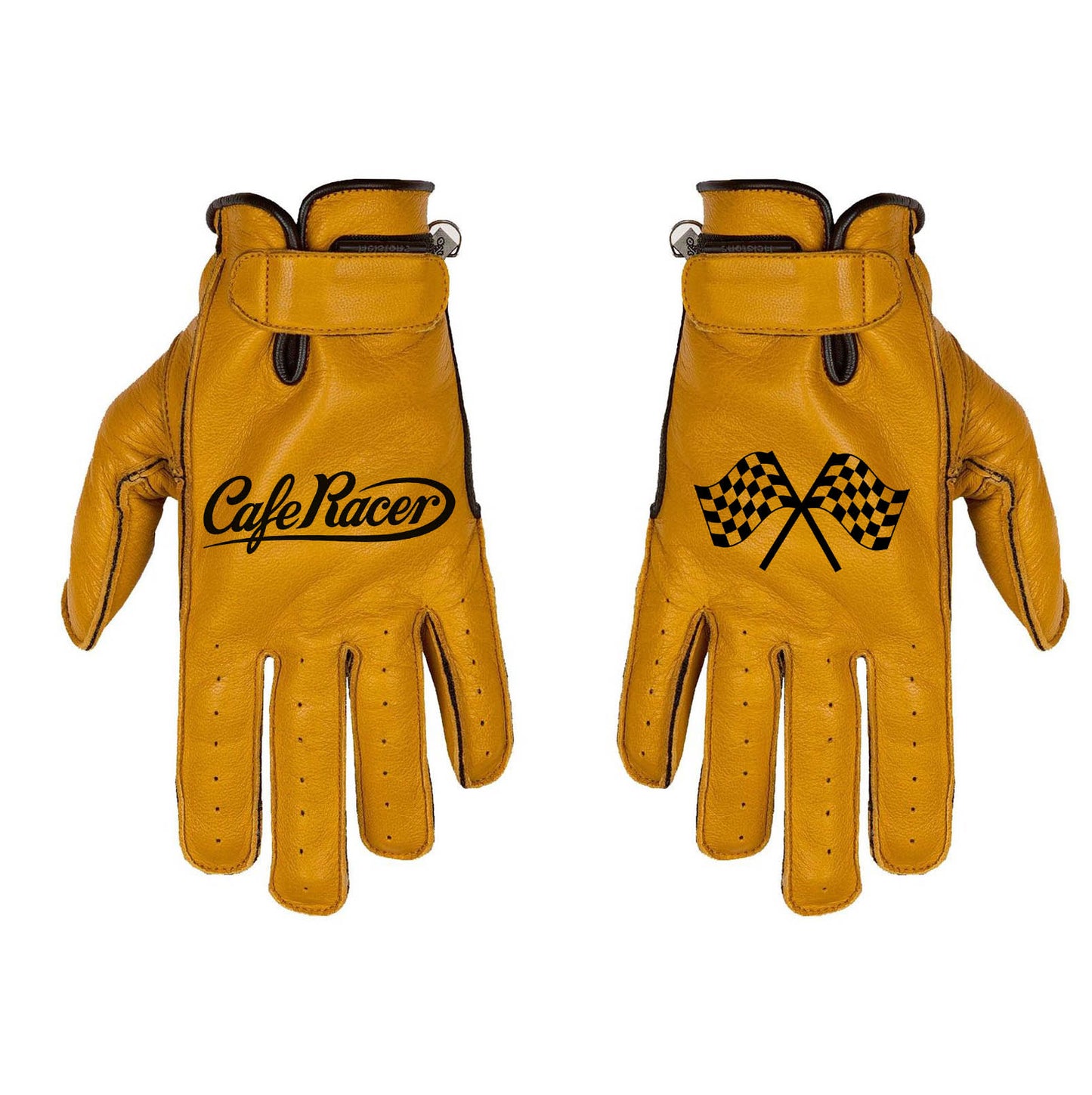 gants moto cuir jaune cafe racer drapeaux damier style vintage racing