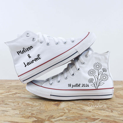 Baskets mariage personnalisées Converse montantes blanches décorées de marguerites par Sneakeaze Customs