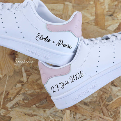 Baskets Adidas stan smith custom mariage avec vos prénoms et votre date de mariage talon peint à la main.