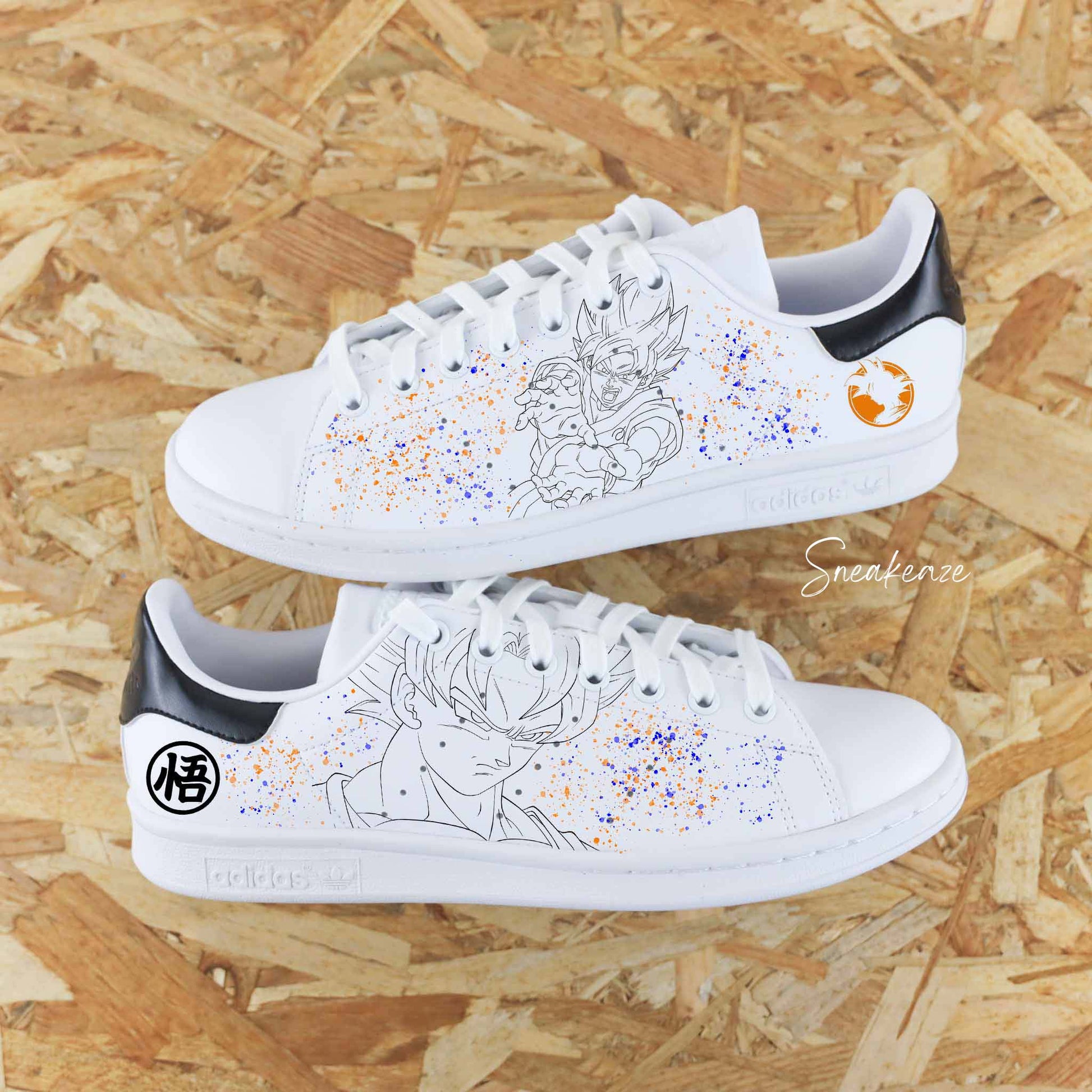 baskets adidas stan smith custom splash dragonballZ dbz goku vegeta dessin peint à la main sneakers pour homme et femme sneakeaze custom skz