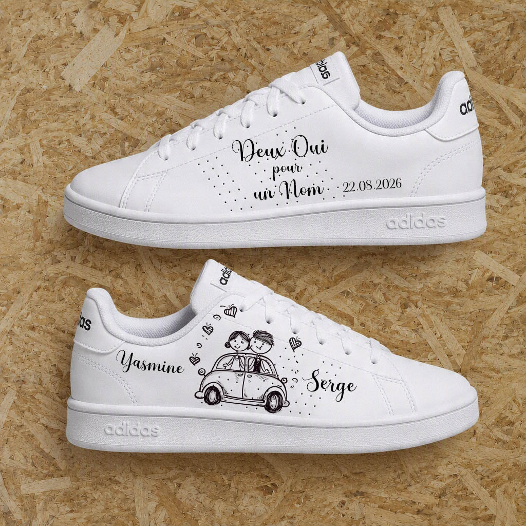 Adidas advantage custom mariage avec illustration de voiture des mariés, prénoms et date personnalisée - Sneakeaze