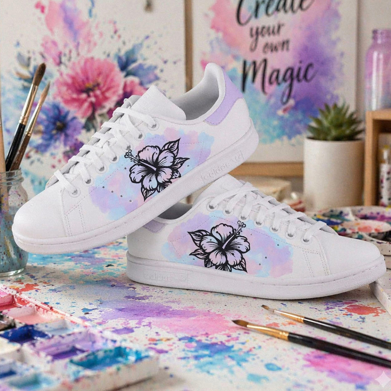 Baskets Adidas Stan Smith custom dessin de fleurs hibiscus, effet aquarelle rose peint à la main couleurs pastel - sneakeaze customs