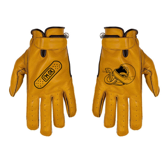 Gants moto cuir jaune moutarde custom serpent casque vintage style neo retro