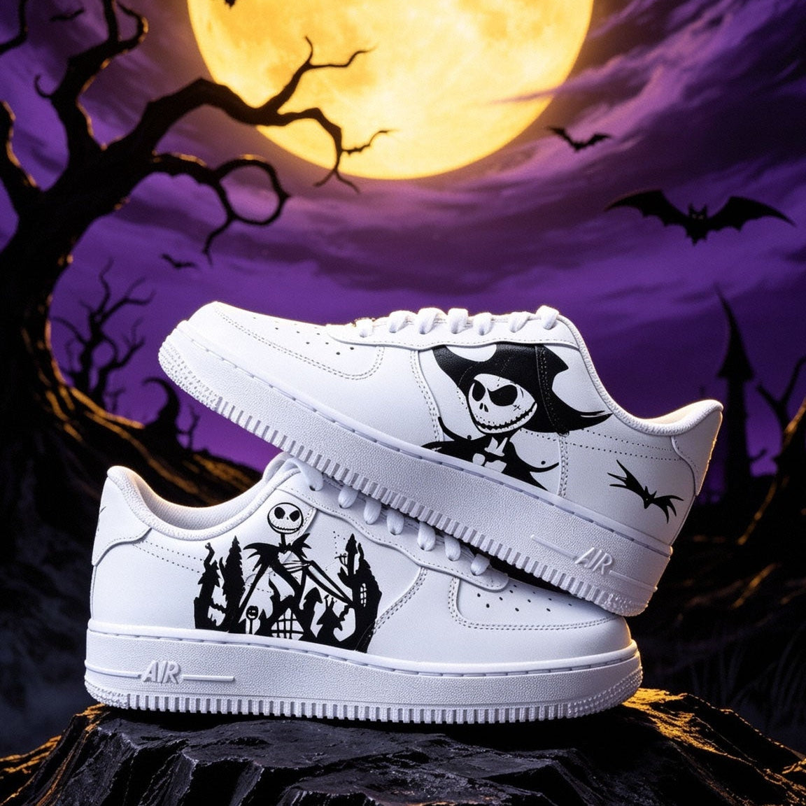 Baskets Nike Air Force one custom modèle l'étrange Noël de Mr Jack.  sneakers the nightmare before christmas avec le célèbre jack skellington nike tim burton