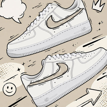 baskets nike air force 1 custom AF1 swoosh cartoon sketch beige clair sneakers personnalisé baskets custom