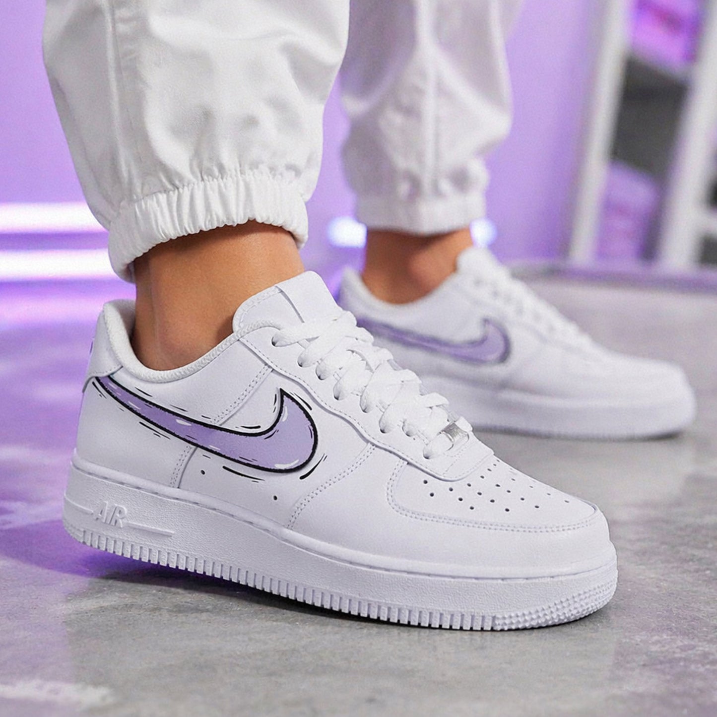 baskets nike air force 1 custom AF1 swoosh cartoon sketch lila sneakers personnalisé baskets custom