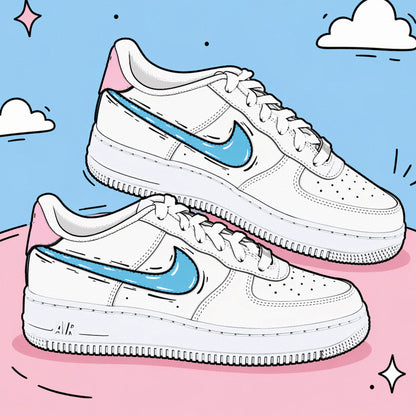  Baskets Nike Air Force 1 custom Cartoon swoosh couleur bleu turquoise et rose clair