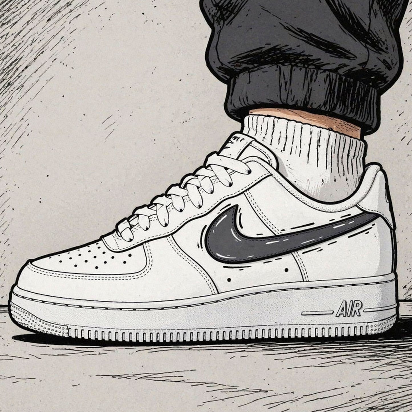 baskets nike air force 1 custom AF1 swoosh cartoon sketch gris sneakers personnalisé baskets custom