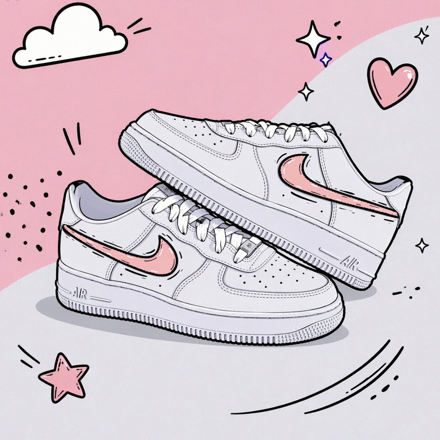 baskets nike air force 1 custom AF1 swoosh cartoon sketch rose pastel shell pink skz sneakeaze customs