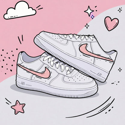 baskets nike air force 1 custom AF1 swoosh cartoon sketch rose pastel shell pink skz sneakeaze customs
