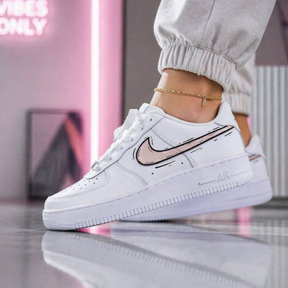 baskets nike air force 1 custom AF1 swoosh cartoon sketch rose pastel shell pink skz sneakeaze customs